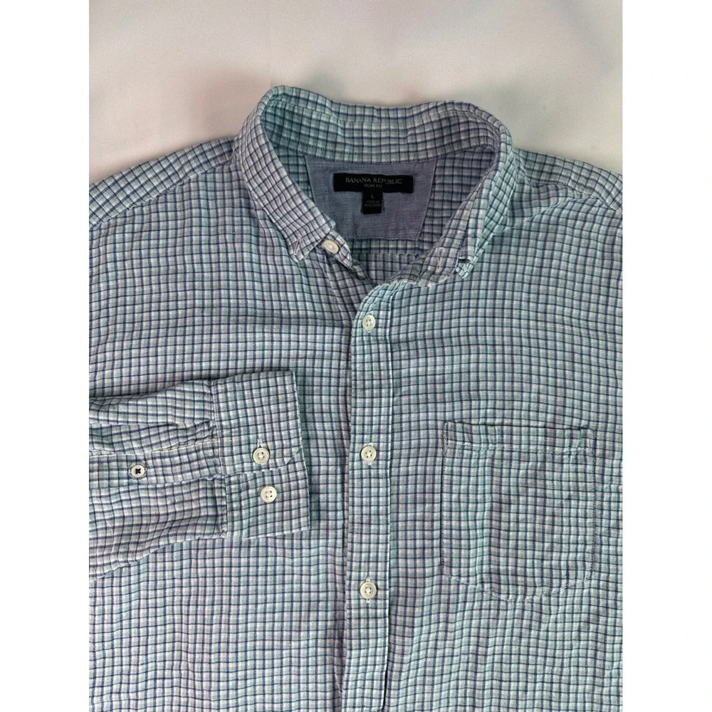 Banana Republic Slim Fit Linen Blend Men Sz L Blue L/s Button Down Plaid‎ Check